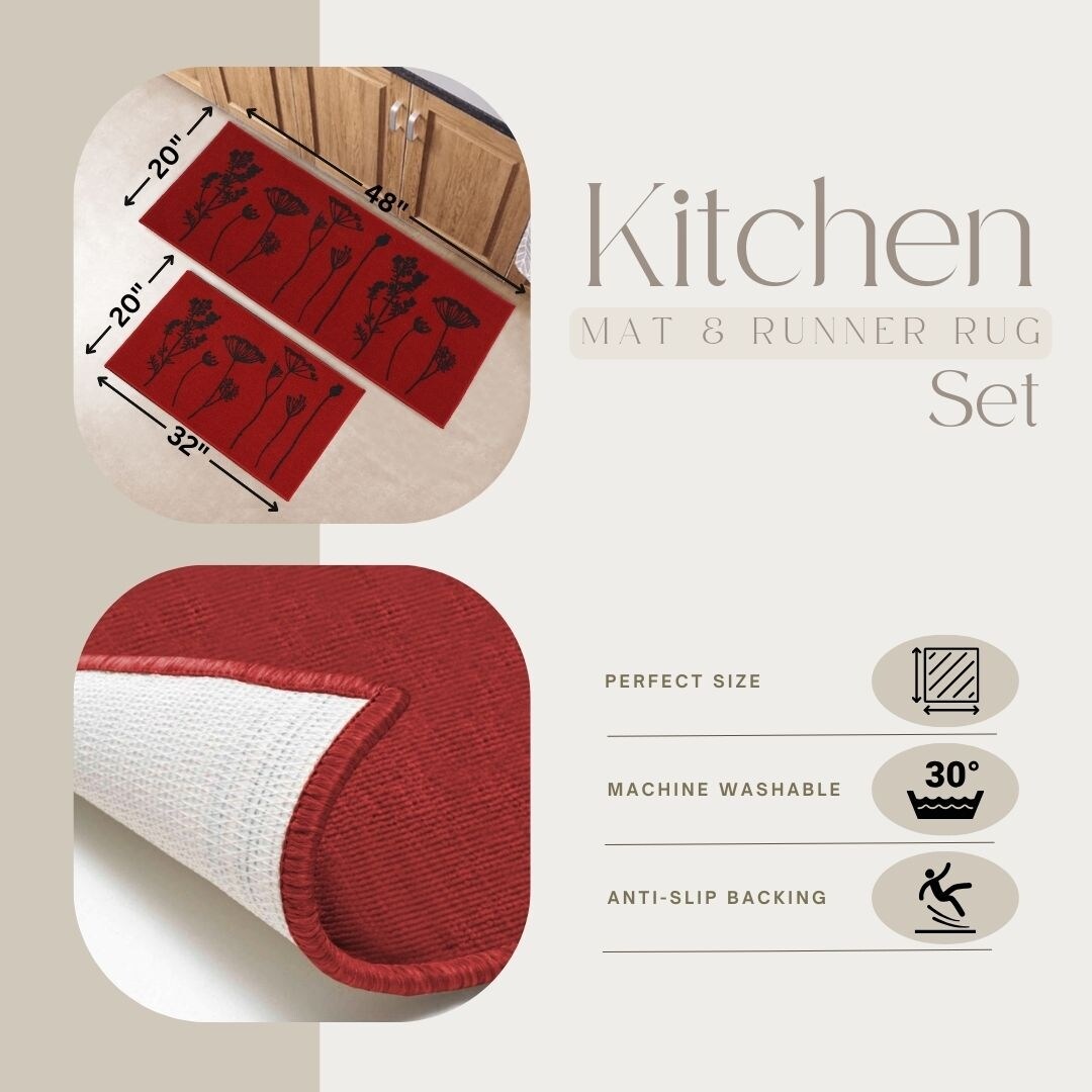 Wool Effect Wildflowers Kitchen Mat or Runner Rug