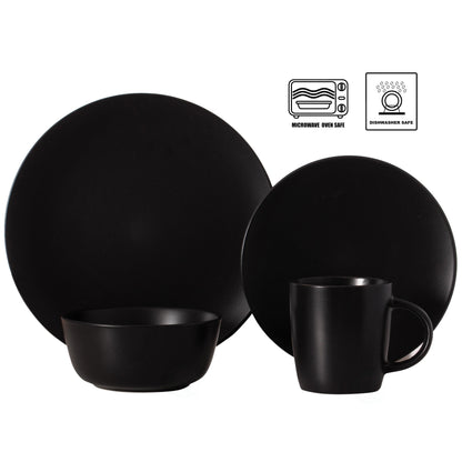 16 PC Dinnerware Dish Set for 4 Person | Mugs, Salad and Dinner Plates and Bowls Sets, Chip and Crack Resistant, Matte Black